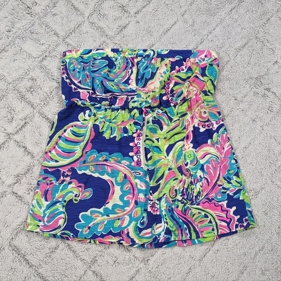 Lilly Pulitzer Top Women's Medium Blue Green Val Tube Toucan Play Elastic - Picture 1 of 7
